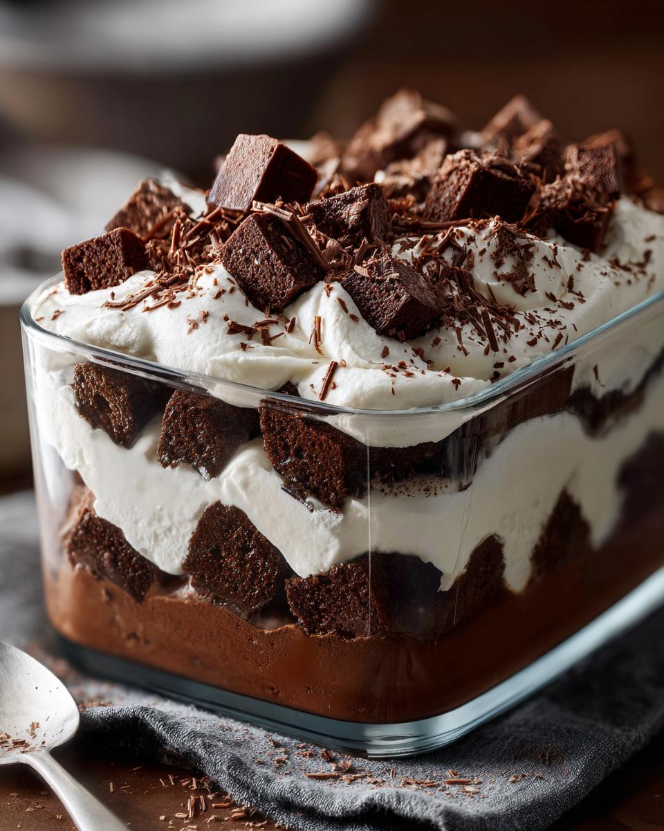 Close-up of a chocolate trifle recipe with layers of chocolate cake, whipped cream, and chocolate shavings.