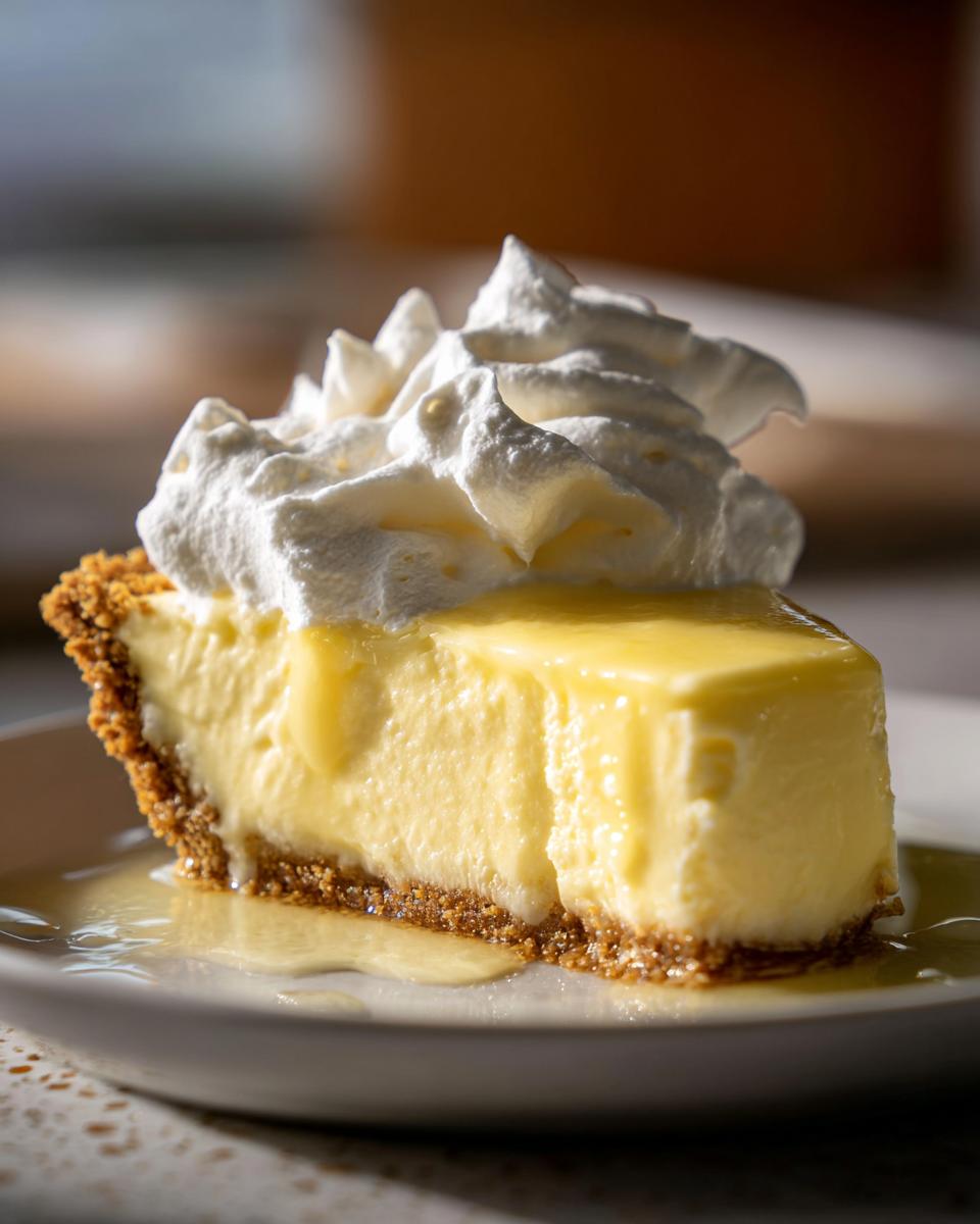 Slice of creamy lemon pie with graham cracker crust and whipped topping on a plate.