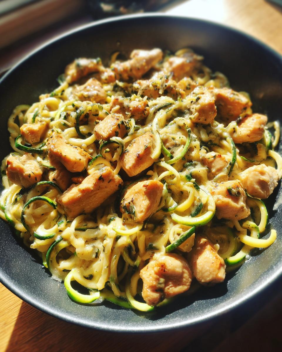 Skillet with low carb dinner recipes featuring chicken chunks and zucchini noodles in creamy sauce