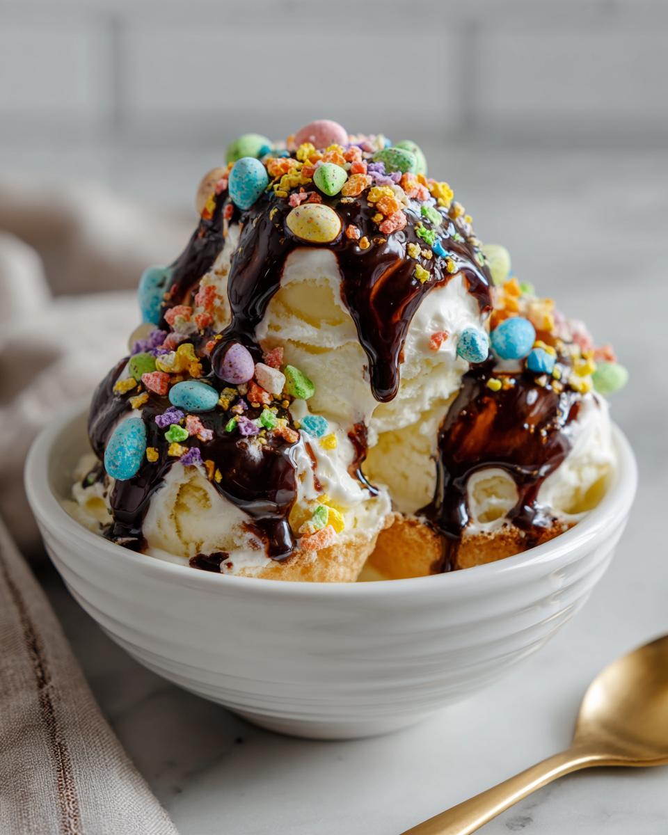 Vanilla ice cream topped with chocolate sauce and colorful mini eggs in a white bowl