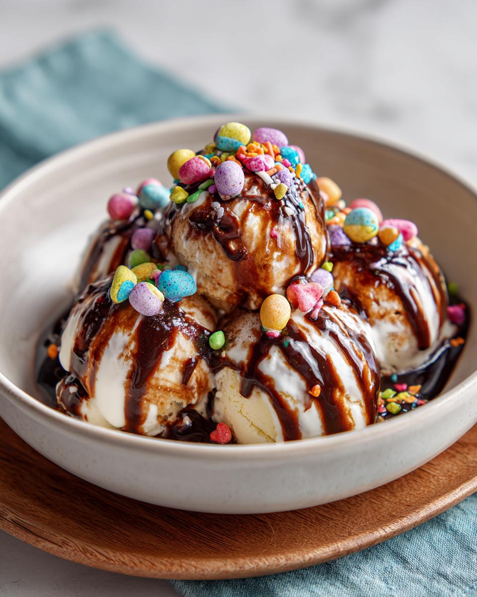 Scoops of vanilla ice cream topped with chocolate sauce and colorful mini egg dessert recipes candy.