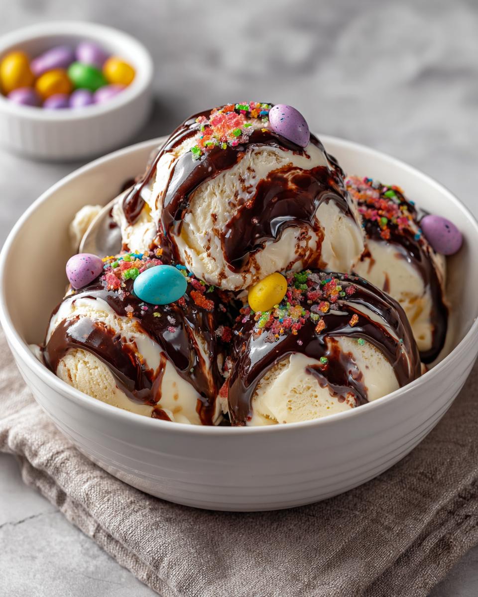 Vanilla ice cream scoops topped with chocolate sauce and colorful mini eggs in a white bowl.