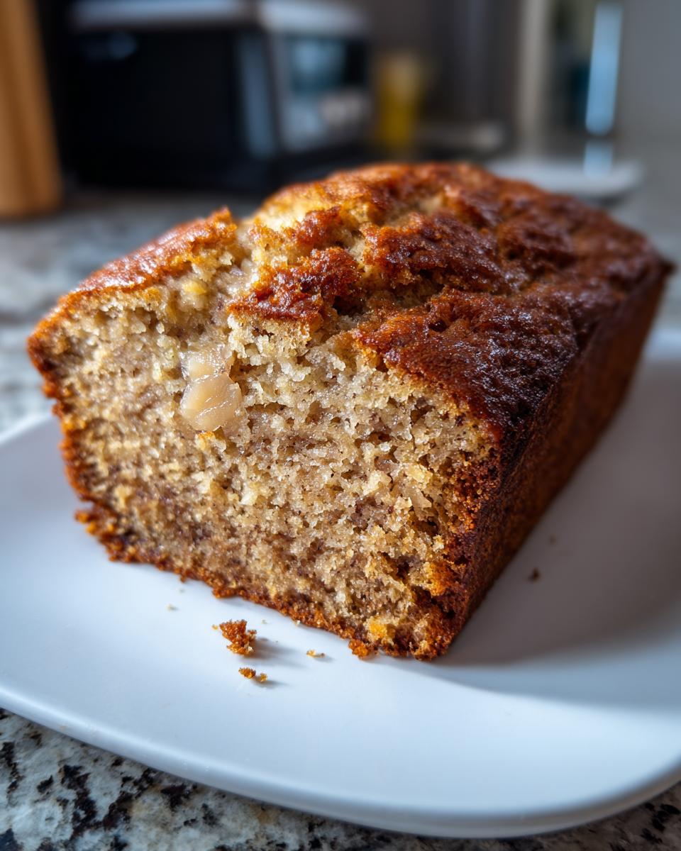 Close-up of a moist banana bread loaf slice on a white plate, perfect for beginner baking recipes