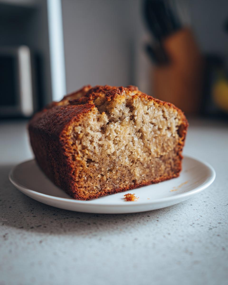 Close-up of a moist banana bread slice on a white plate, perfect for beginner baking recipes.