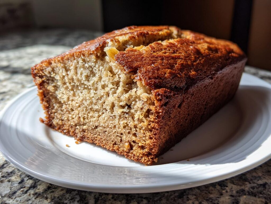 Close-up of a slice of moist banana bread on a white plate, perfect for beginner baking recipes.