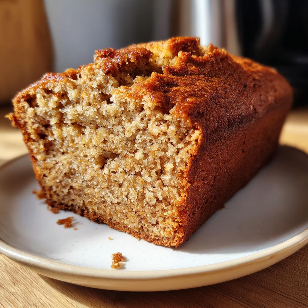Close-up of a moist banana bread loaf slice on a white plate, perfect for beginner baking recipes