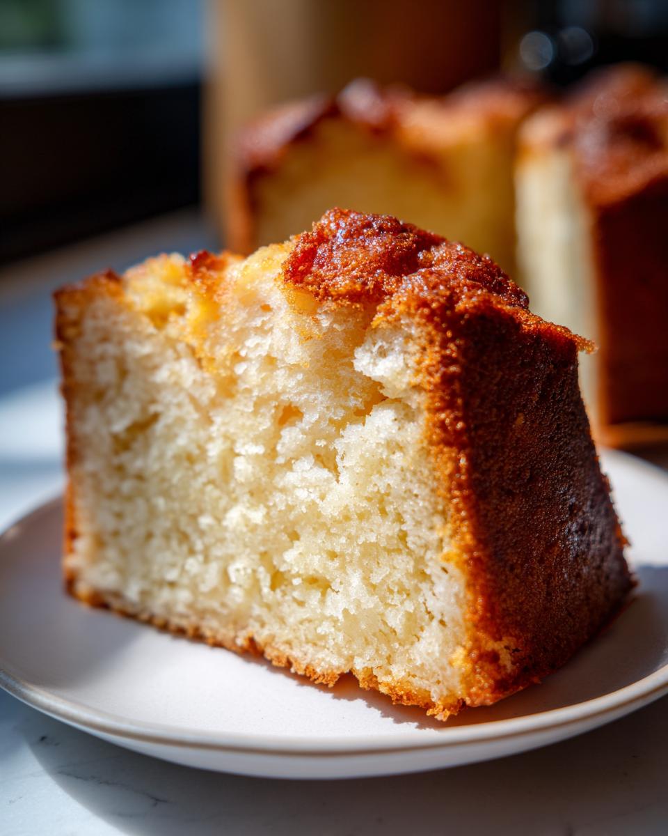 Close-up of a moist cake slice on a white plate, perfect for April holiday dessert recipes.