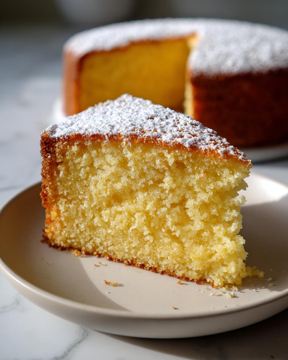Close-up of a slice of moist cake dusted with powdered sugar on a plate, part of easy cake recipes.