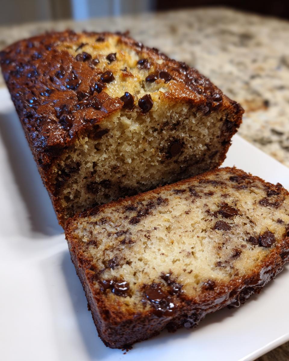 Close-up of moist chocolate banana bread loaf with chocolate chips on a white plate.