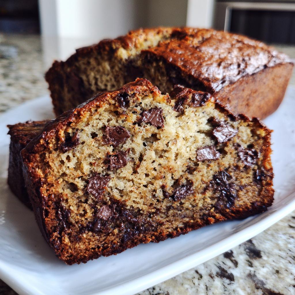 Close-up of a slice of chocolate banana bread showing moist texture and chocolate chunks.