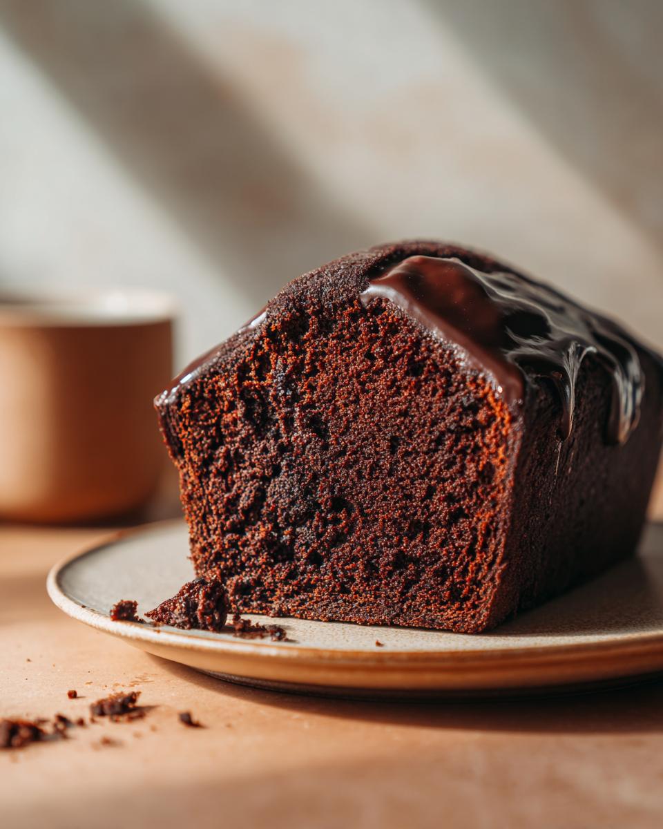 Close-up of a moist chocolate loaf cake slice topped with glossy chocolate glaze on a plate.