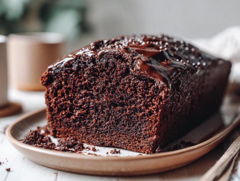 Close-up of a moist chocolate loaf cake with shiny chocolate glaze on a beige plate.