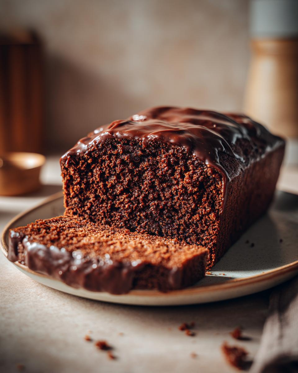 Close-up of a moist chocolate loaf cake with a glossy chocolate glaze on a plate.