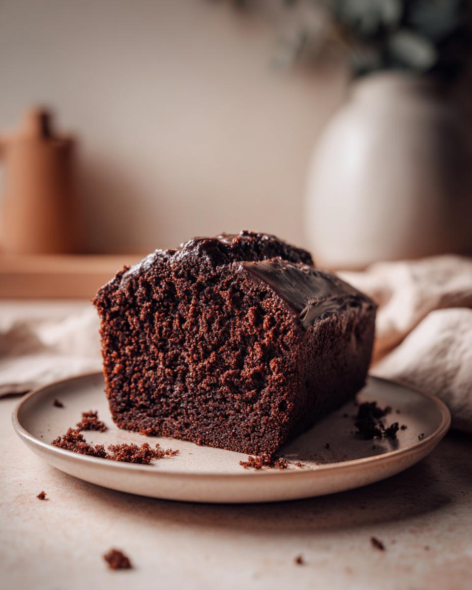 Close-up of a moist chocolate loaf cake slice with chocolate glaze on a beige plate.