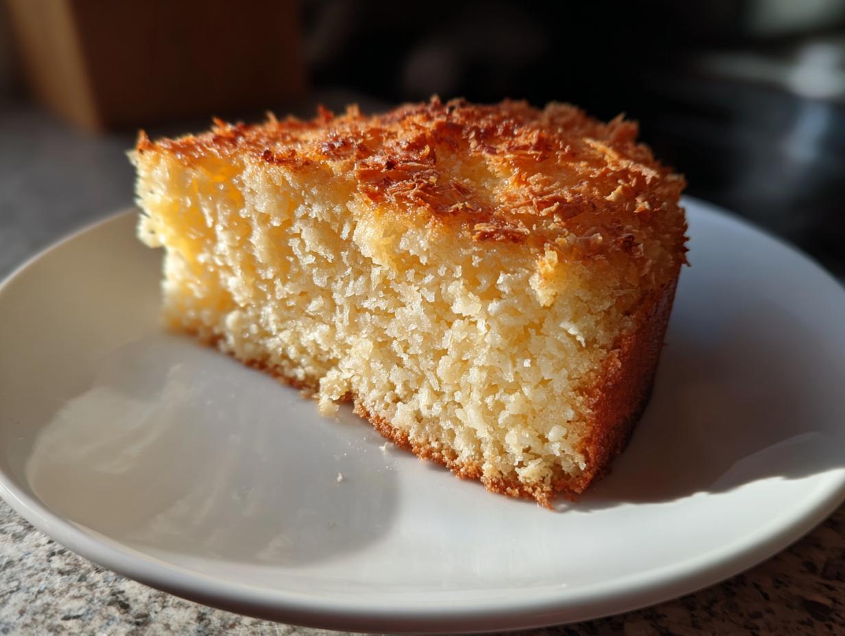 Close-up of a moist coconut cake slice on a white plate for April holiday dessert recipes