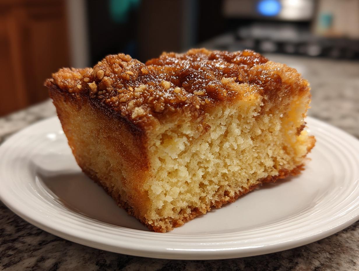 Close-up of a moist coffee cake slice with crumb topping on a white plate, perfect Easter brunch dessert ideas.