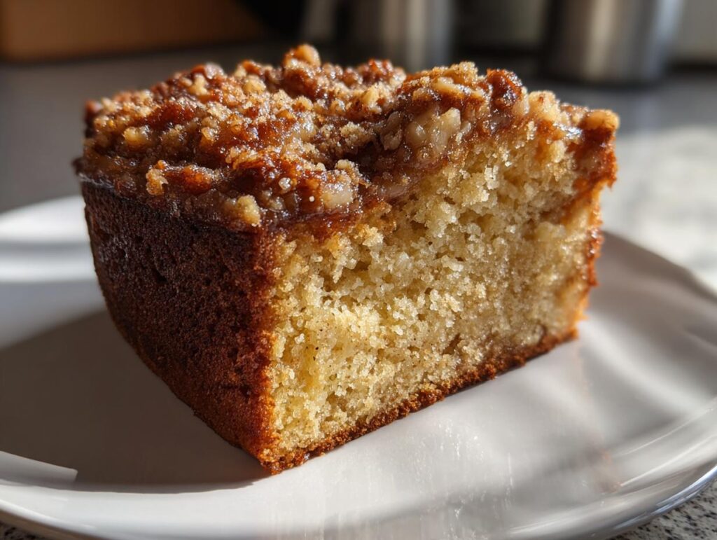 Close-up of a moist coffee cake slice with crumb topping on a white plate for Easter brunch dessert ideas.
