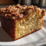 Close-up of a moist coffee cake slice with crumb topping on a white plate for Easter brunch dessert ideas.