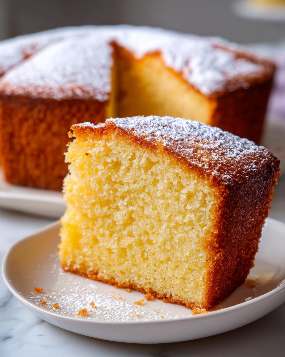 Close-up of a moist slice of cake dusted with powdered sugar from easy cake recipes