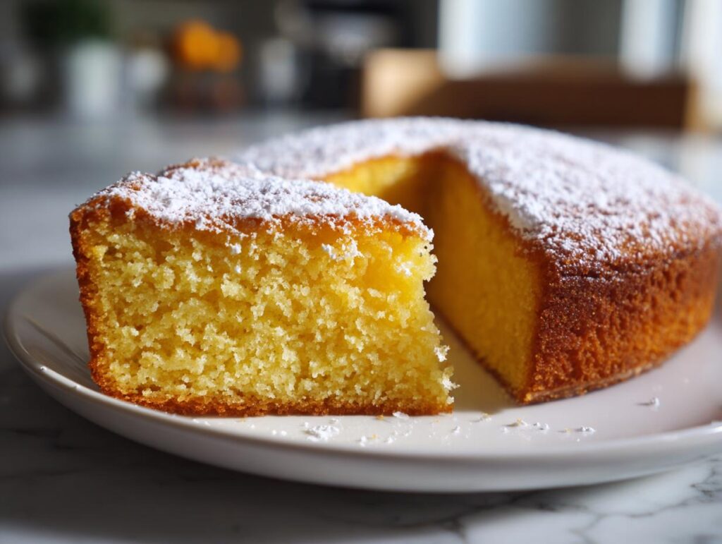 Slice of moist yellow cake dusted with powdered sugar on a white plate, showcasing easy cake recipes.