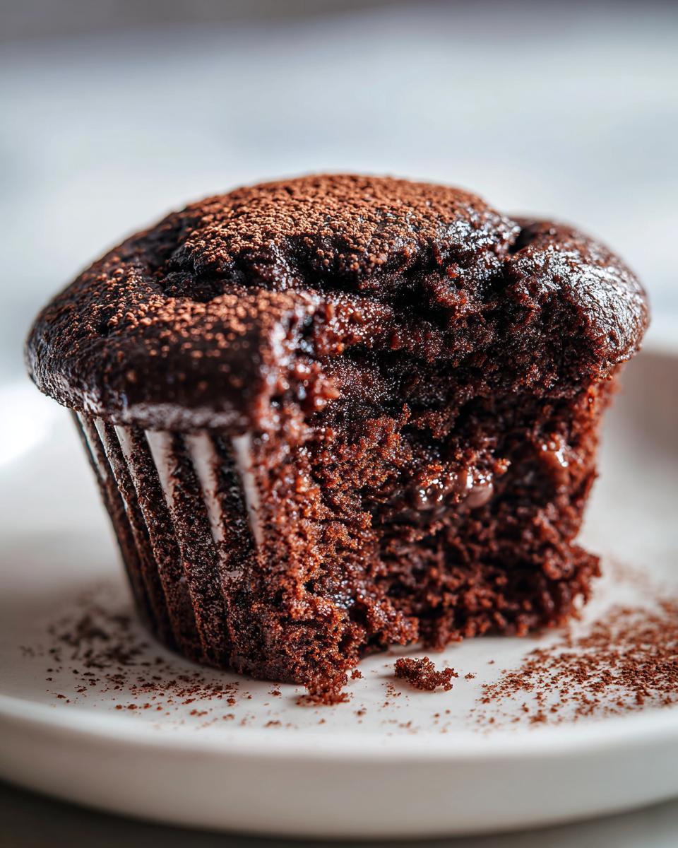 Close-up of a moist easy chocolate muffin with a bite taken out, dusted with cocoa powder.