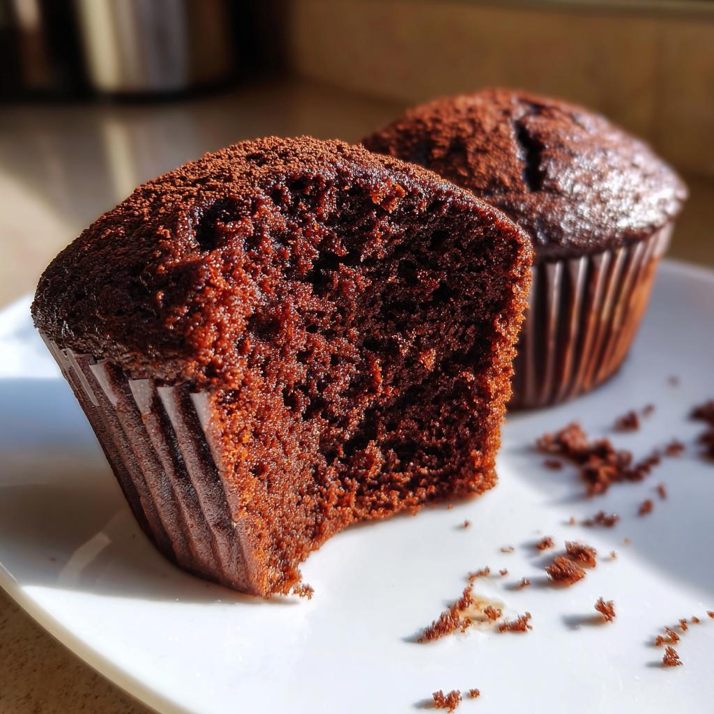 Close-up of moist and fluffy easy chocolate muffins on a white plate with crumbs