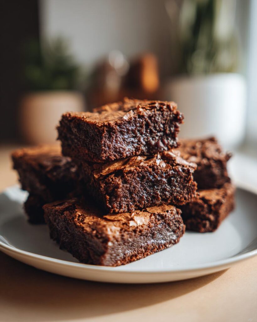 Close-up of a stack of moist, fudgy brownies on a white plate for easy brownie recipes