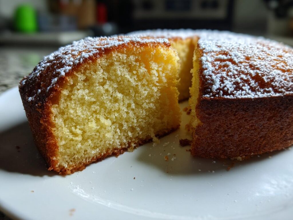 Close-up of a moist one bowl cake slice dusted with powdered sugar on a white plate.