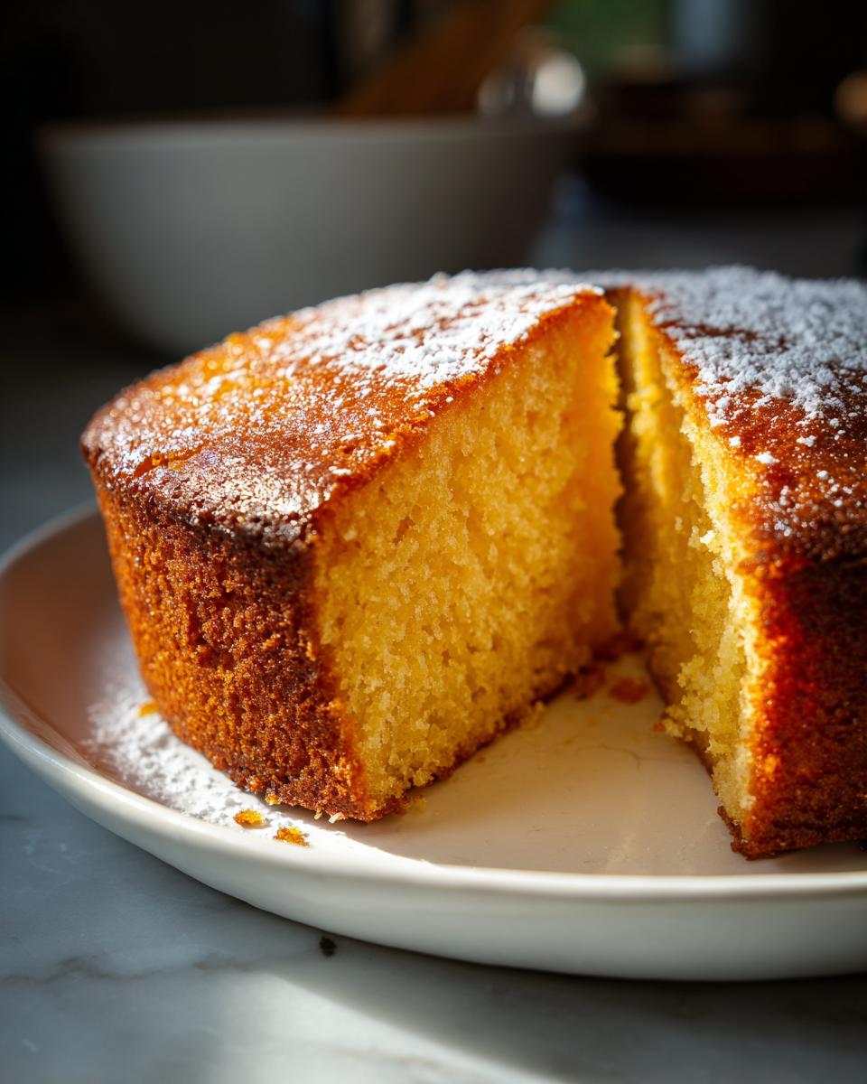 Slice of moist one bowl cake dusted with powdered sugar on a white plate
