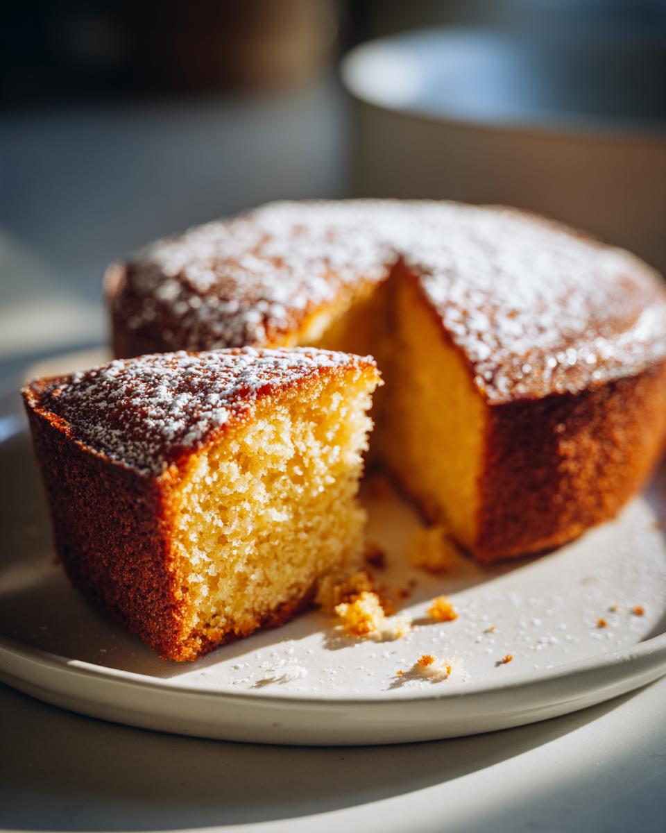 Slice of moist one bowl cake dusted with powdered sugar on a white plate