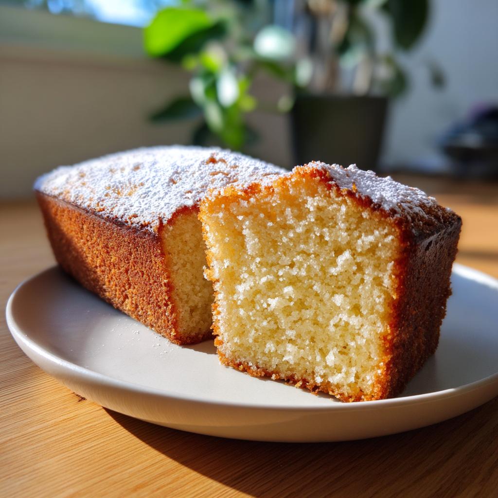 Slice of moist pound cake dusted with powdered sugar on a white plate