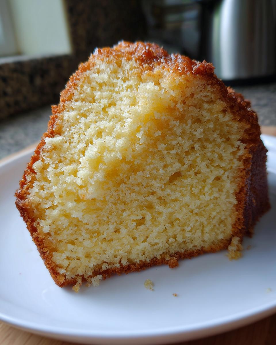Close-up of a moist pound cake slice on a white plate for simple baking recipes.