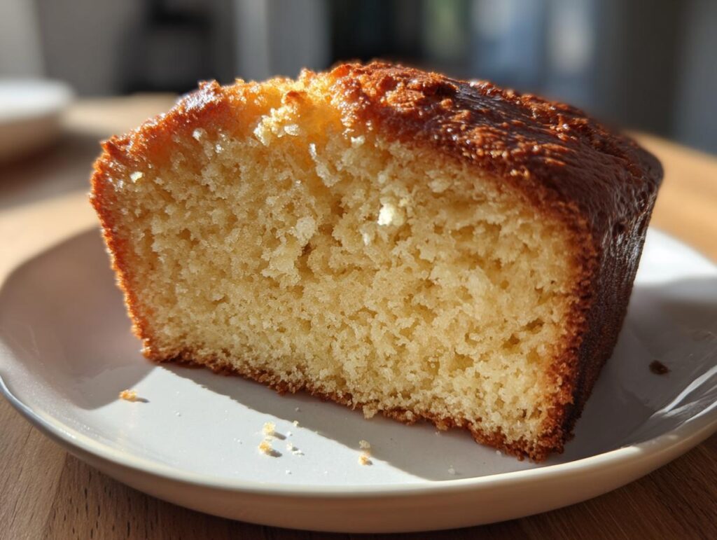 Close-up of a moist slice of pound cake on a white plate, perfect for simple baking recipes