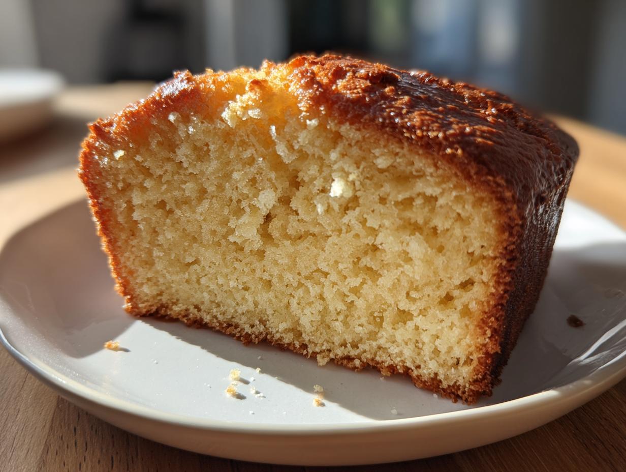 Close-up of a moist slice of pound cake on a white plate, perfect for simple baking recipes