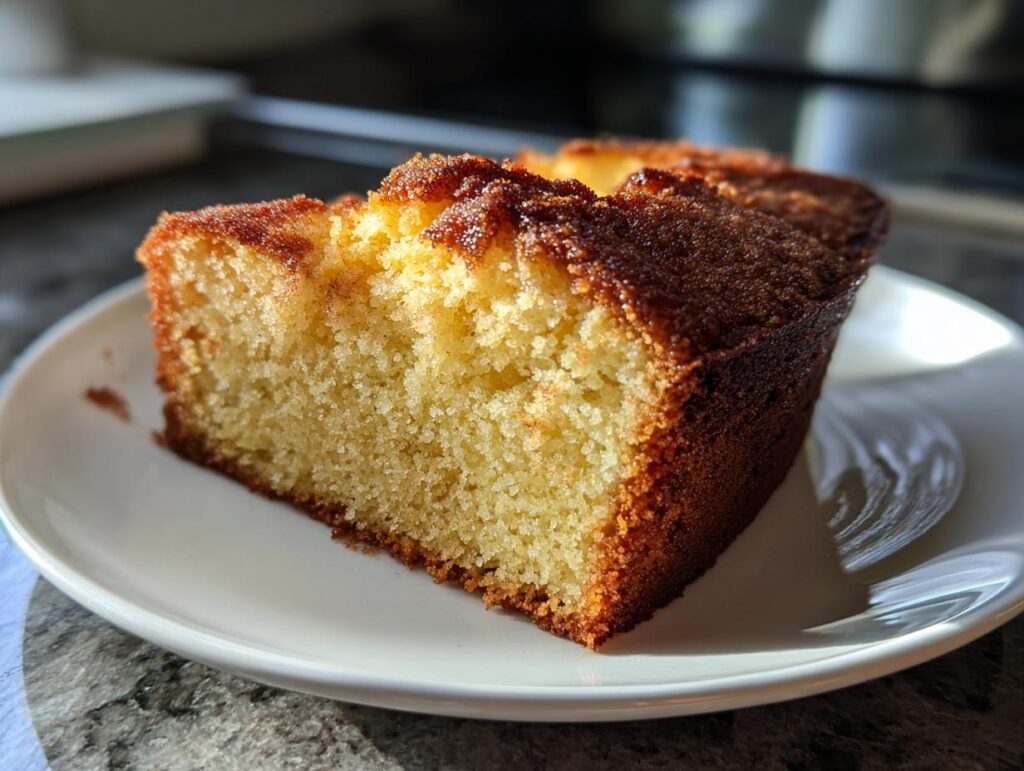 Close-up of a slice of moist yellow cake with a golden crust on a white plate, perfect for simple baking recipes.