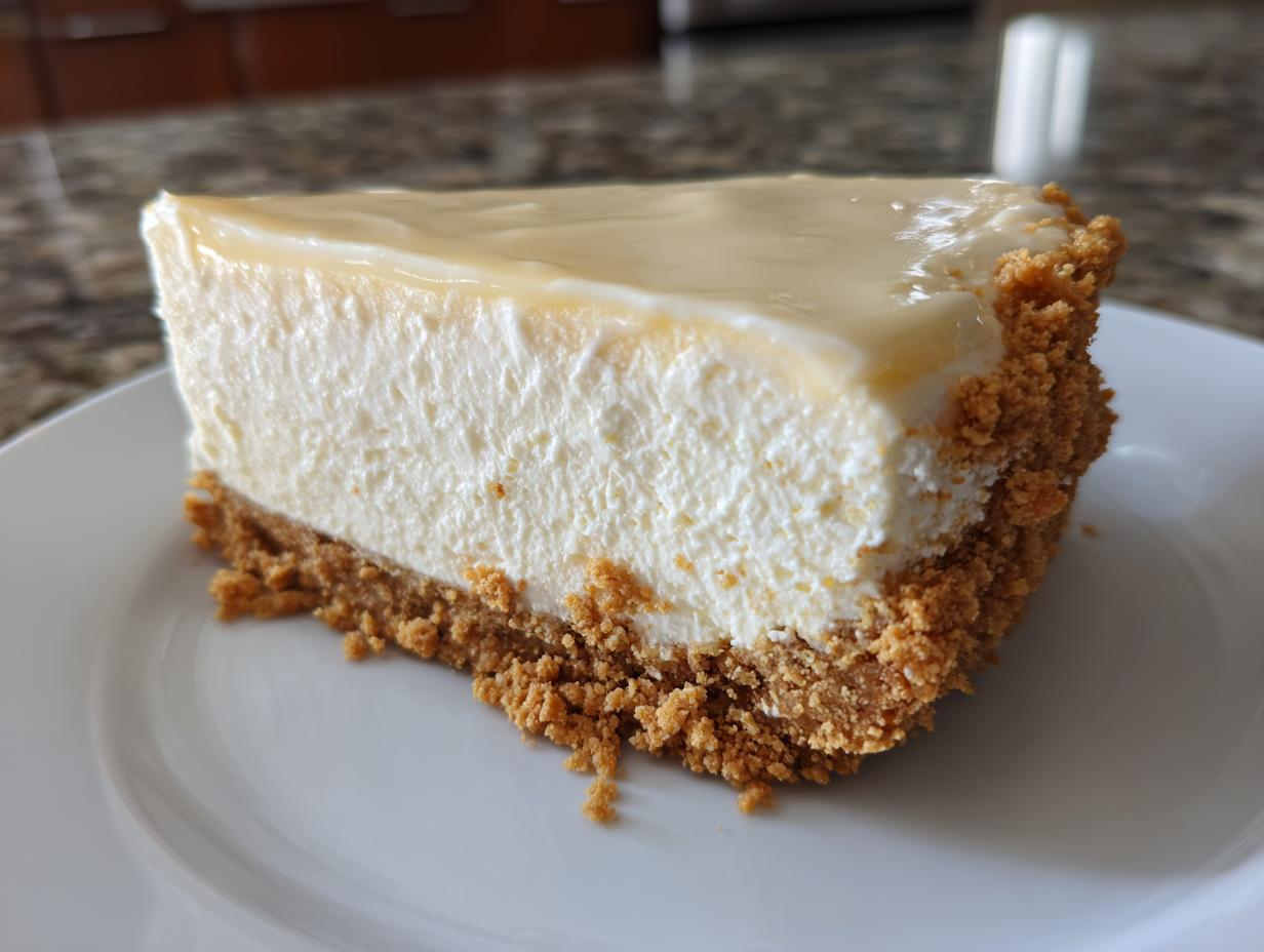 Close-up of a creamy slice of no bake cheesecake with graham cracker crust on a white plate.