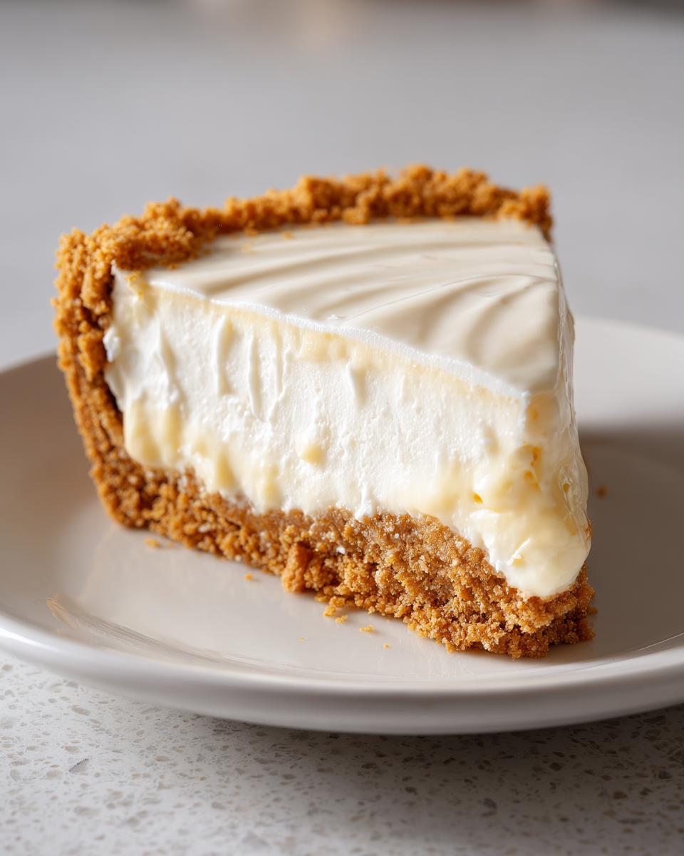 Close-up of a creamy no bake cheesecake slice with a graham cracker crust on a white plate.
