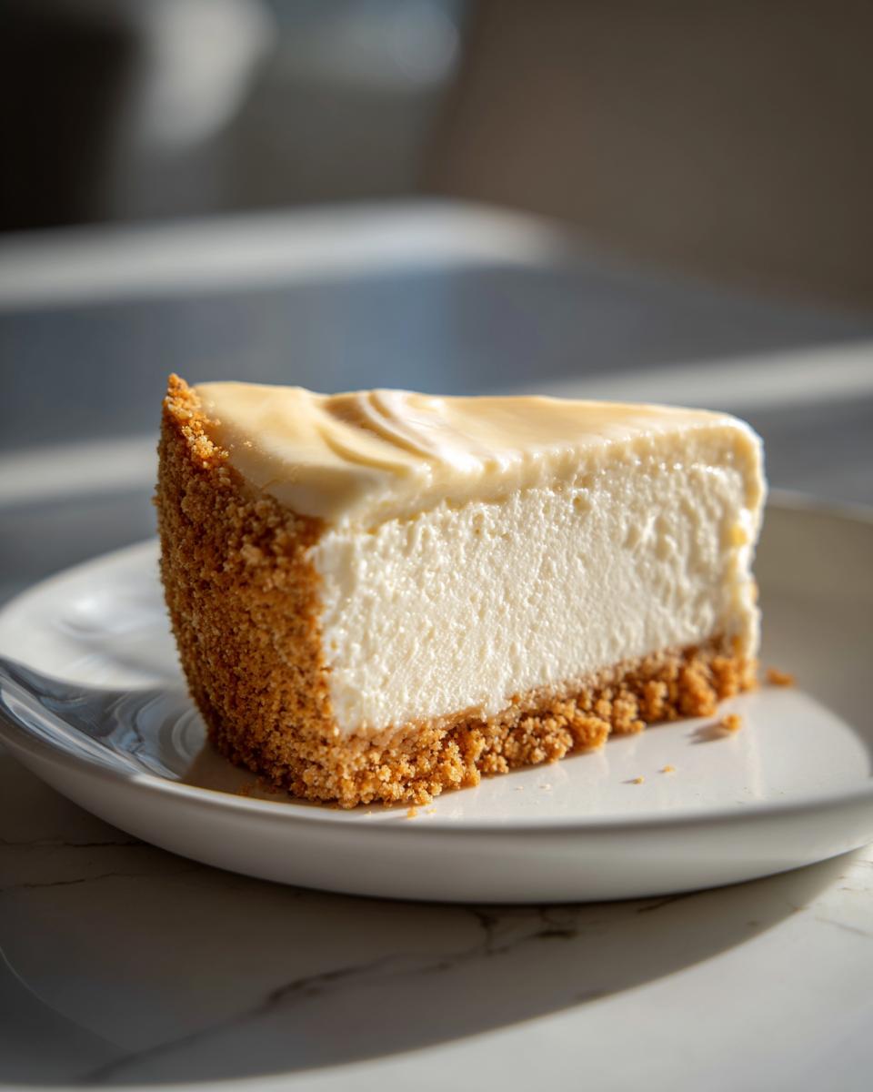 Slice of creamy no bake cheesecake with graham cracker crust on a white plate.