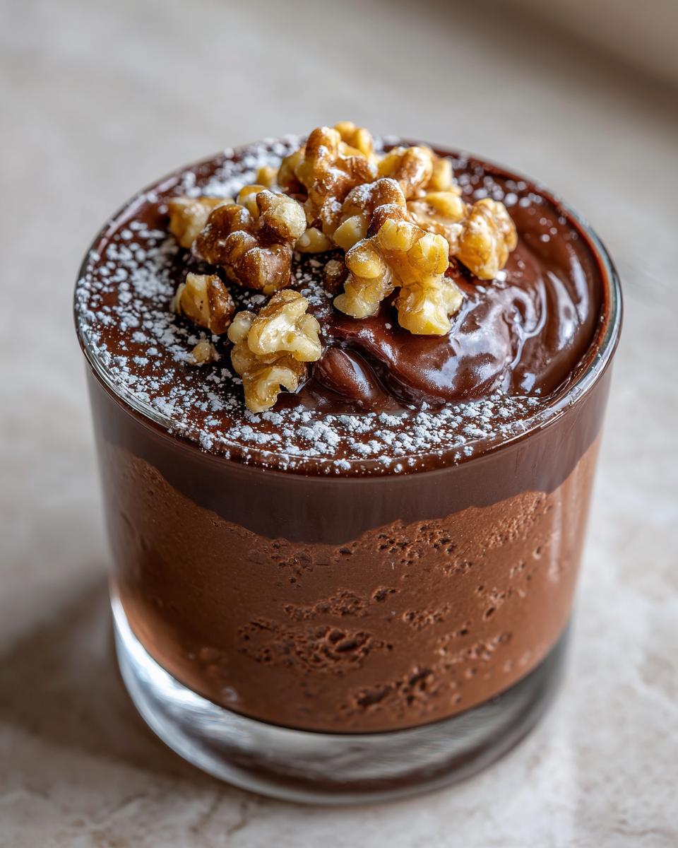 Close-up of no bake chocolate dessert topped with walnuts and powdered sugar in a clear glass