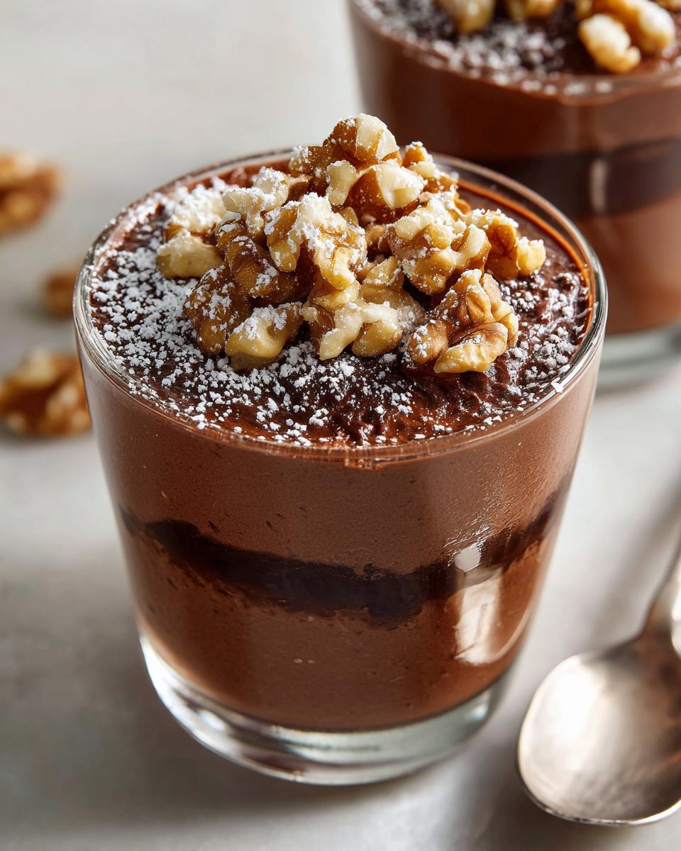 Glass filled with no bake chocolate dessert topped with walnuts and powdered sugar