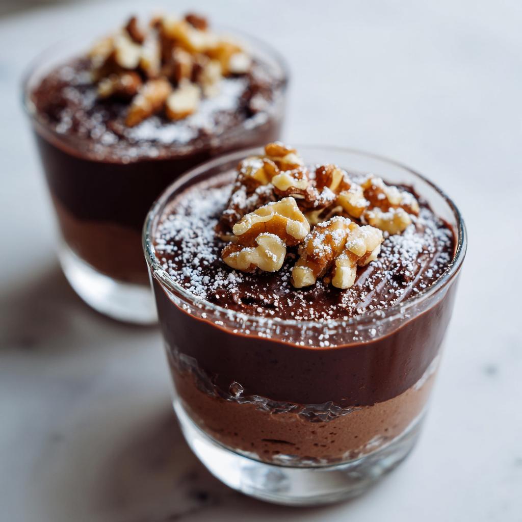 Two glasses of no bake chocolate desserts topped with walnuts and powdered sugar.