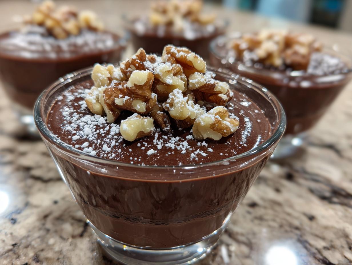 Glass cups filled with no bake chocolate desserts topped with walnuts and powdered sugar.