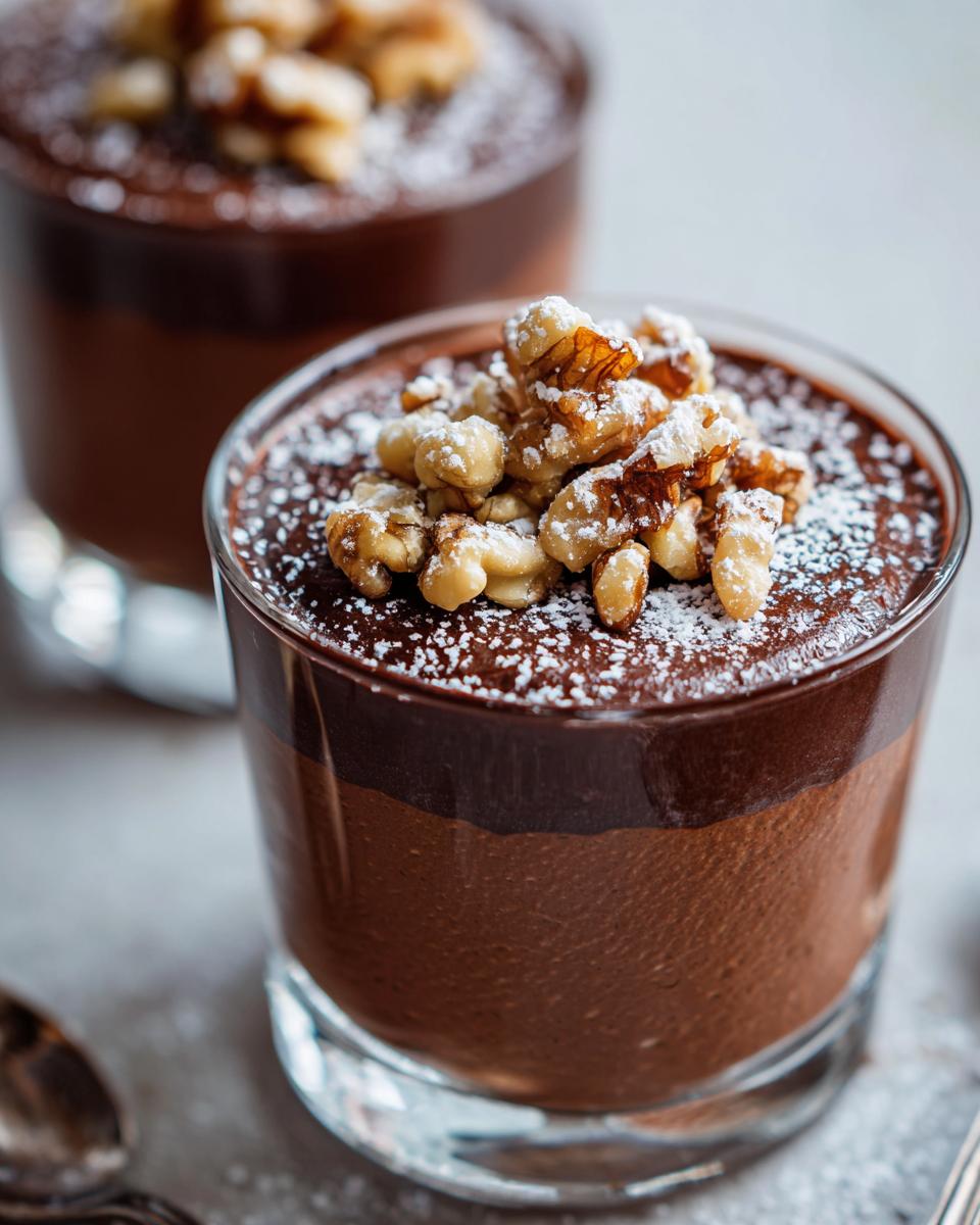 Glass cups filled with no bake chocolate desserts topped with walnuts and powdered sugar.