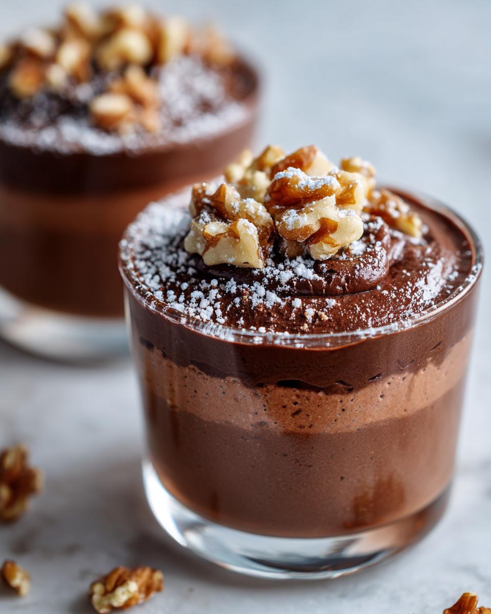 Close-up of no bake chocolate desserts topped with walnuts and powdered sugar in clear glasses.