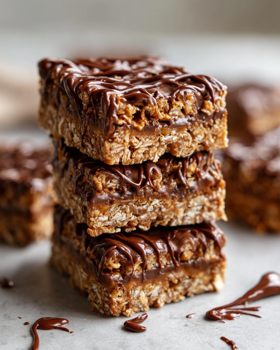 Stack of no bake dessert recipes chocolate oat bars drizzled with melted chocolate.