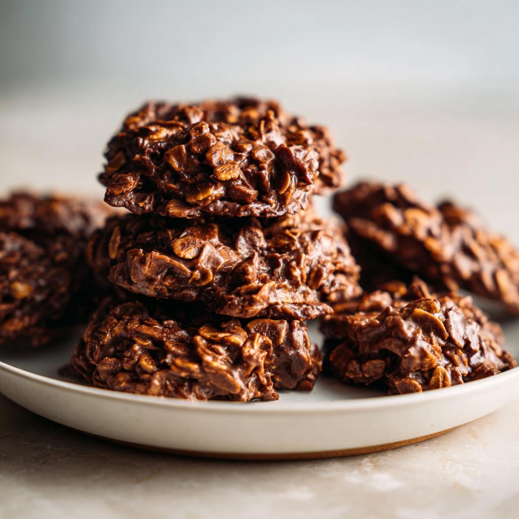 Close-up of a stack of chocolate no bake cookie recipes on a white plate.