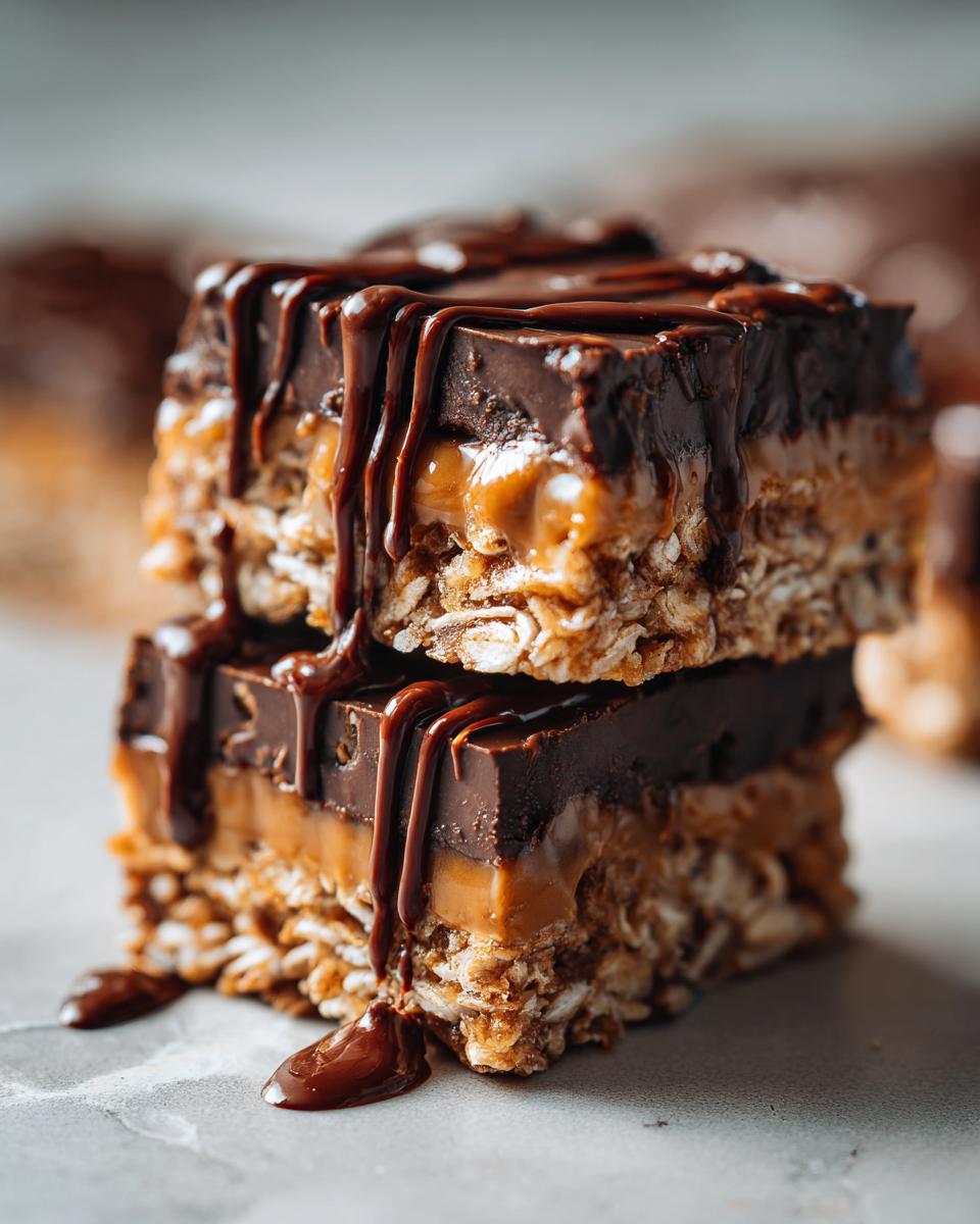 Stacked no bake dessert bars with layers of oats, caramel, and chocolate drizzle