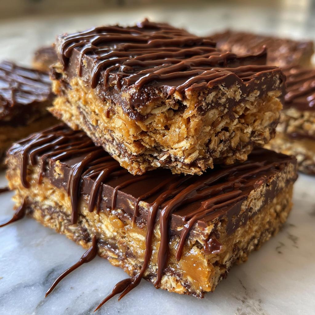 Close-up of no bake dessert recipes chocolate oat bars drizzled with melted chocolate.