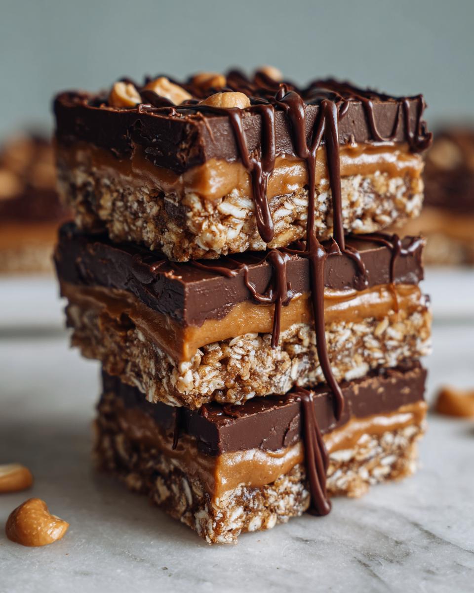 Stack of no bake dessert recipes with layers of oats, peanut butter, and chocolate drizzle.