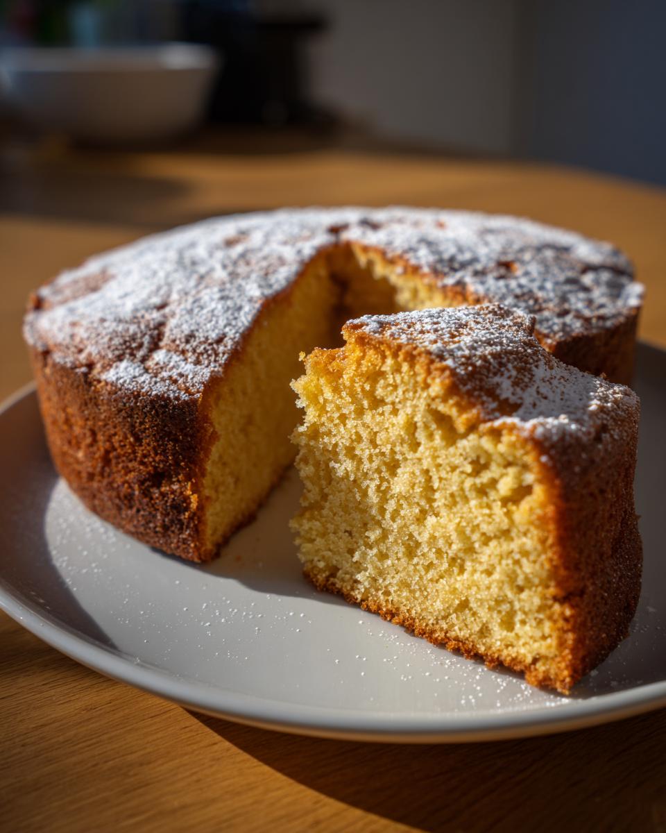 Slice of one bowl cake dusted with powdered sugar on a plate.